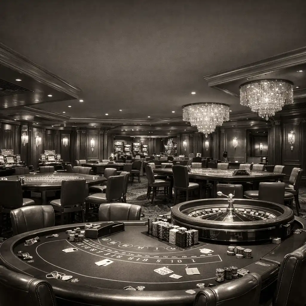 Tágas, elegáns fő játékterem blackjack és rulett asztalokkal