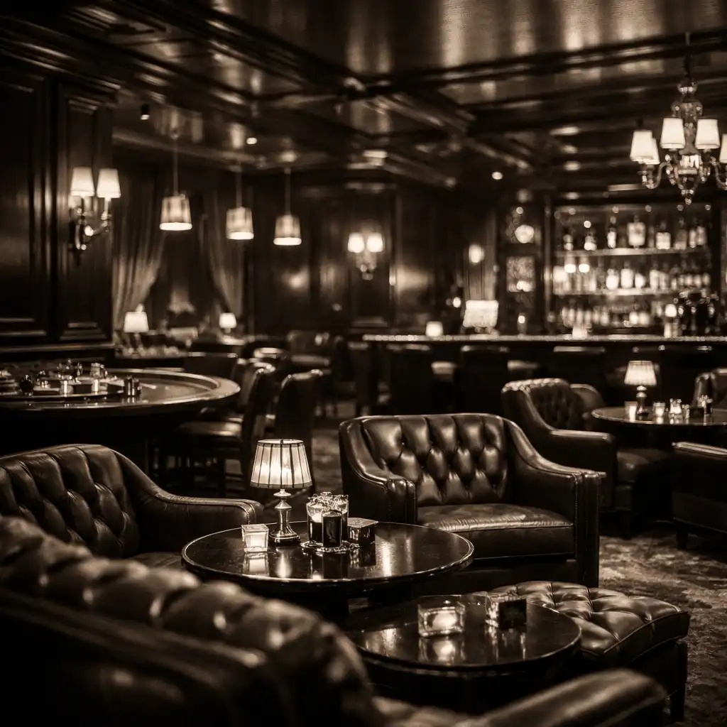 Az Izforras lounge belső tere elegáns bútorokkal és meleg hangulatvilágítással