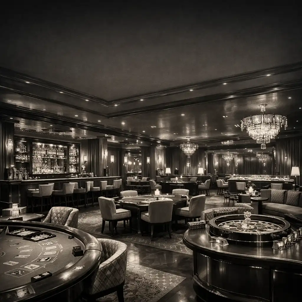 Elegáns kaszino lounge belső tér Budapesten, meleg világítással és prémium bútorokkal