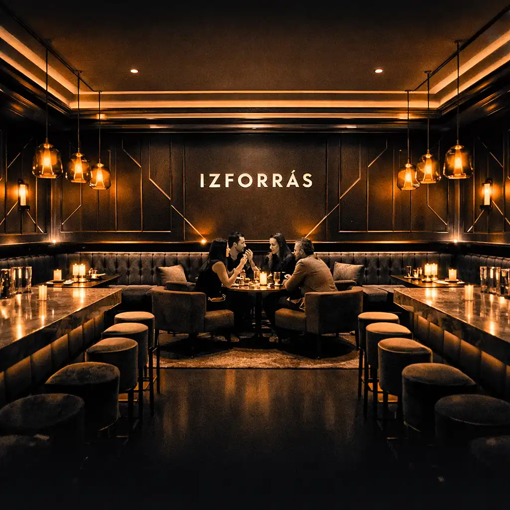 Az Izforras lounge belső tere sötét falakkal, bársony ülésekkel és borostyán fényekkel
