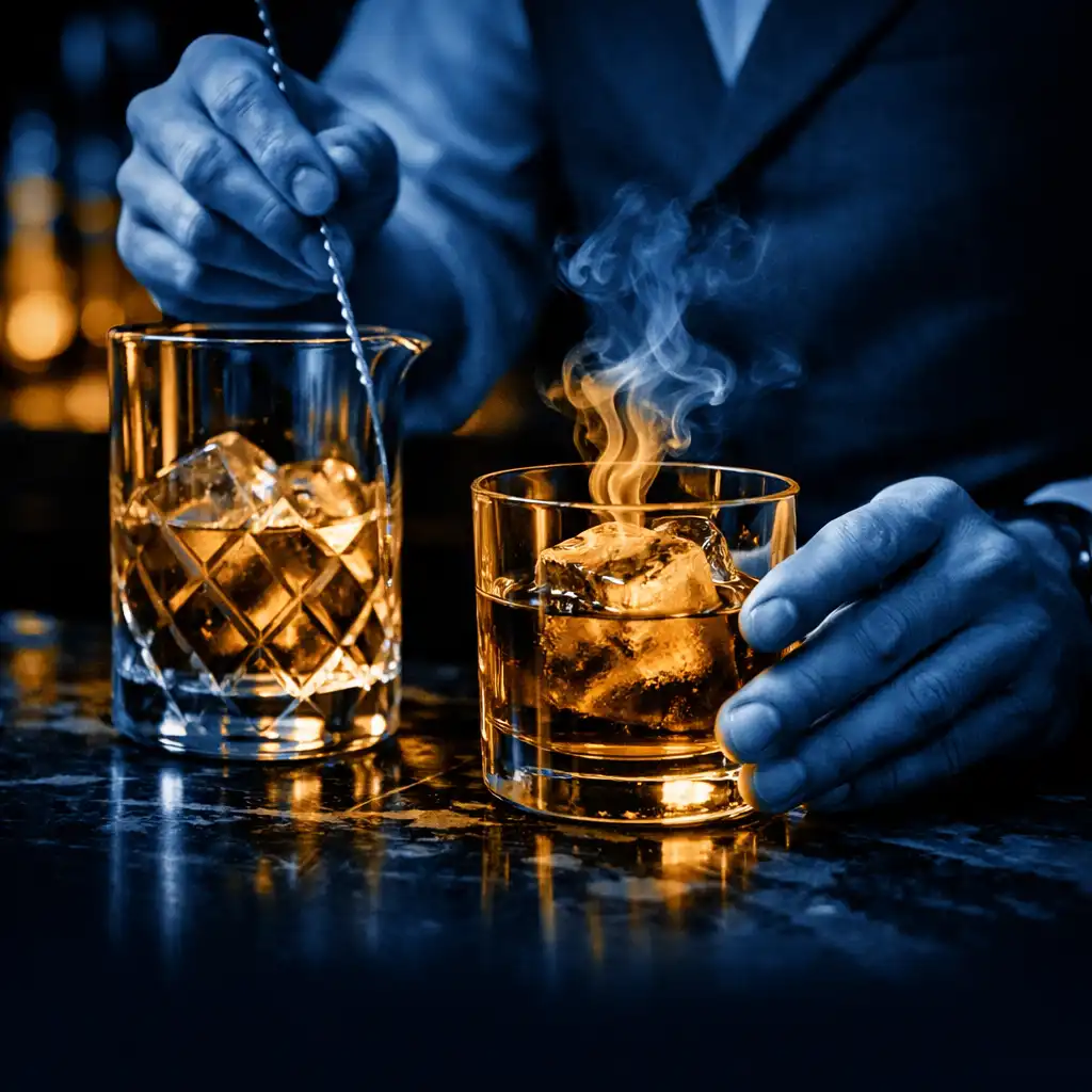 Mixológus kezei egyedi koktélt készítenek füstölt jéggel a sötét lounge bárban